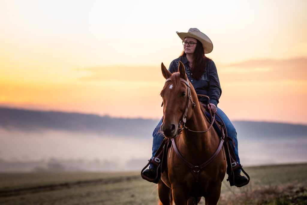 Westernsetting, Pferd mit Reiterin am Morgen